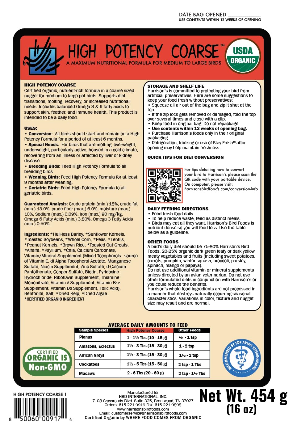 Harrison's certified organic heritage ingredients close-up; premium nutrition for parrots.