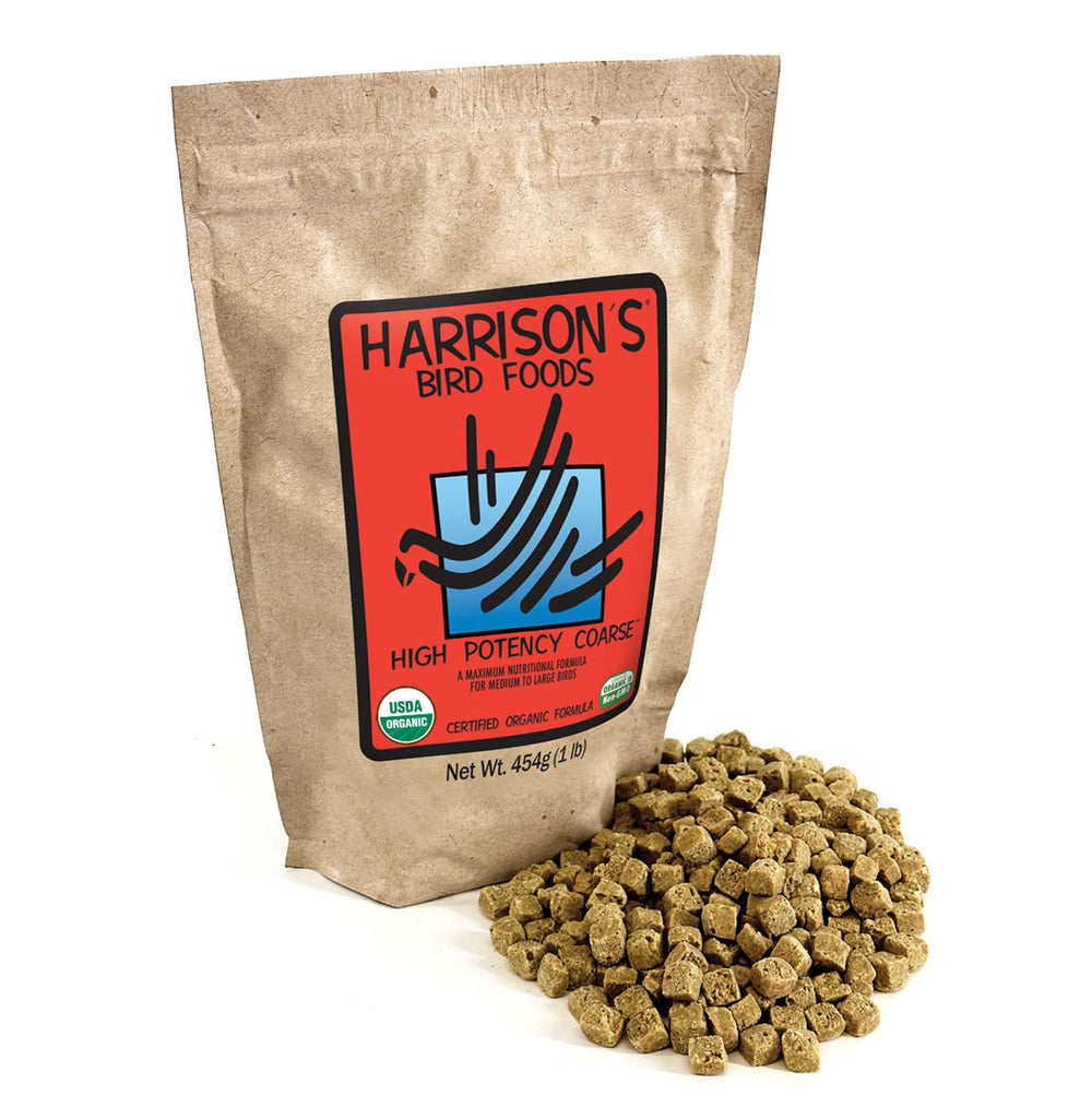 Harrison's High Potency Coarse in bowl; nutrient-dense blend for medium to large birds.