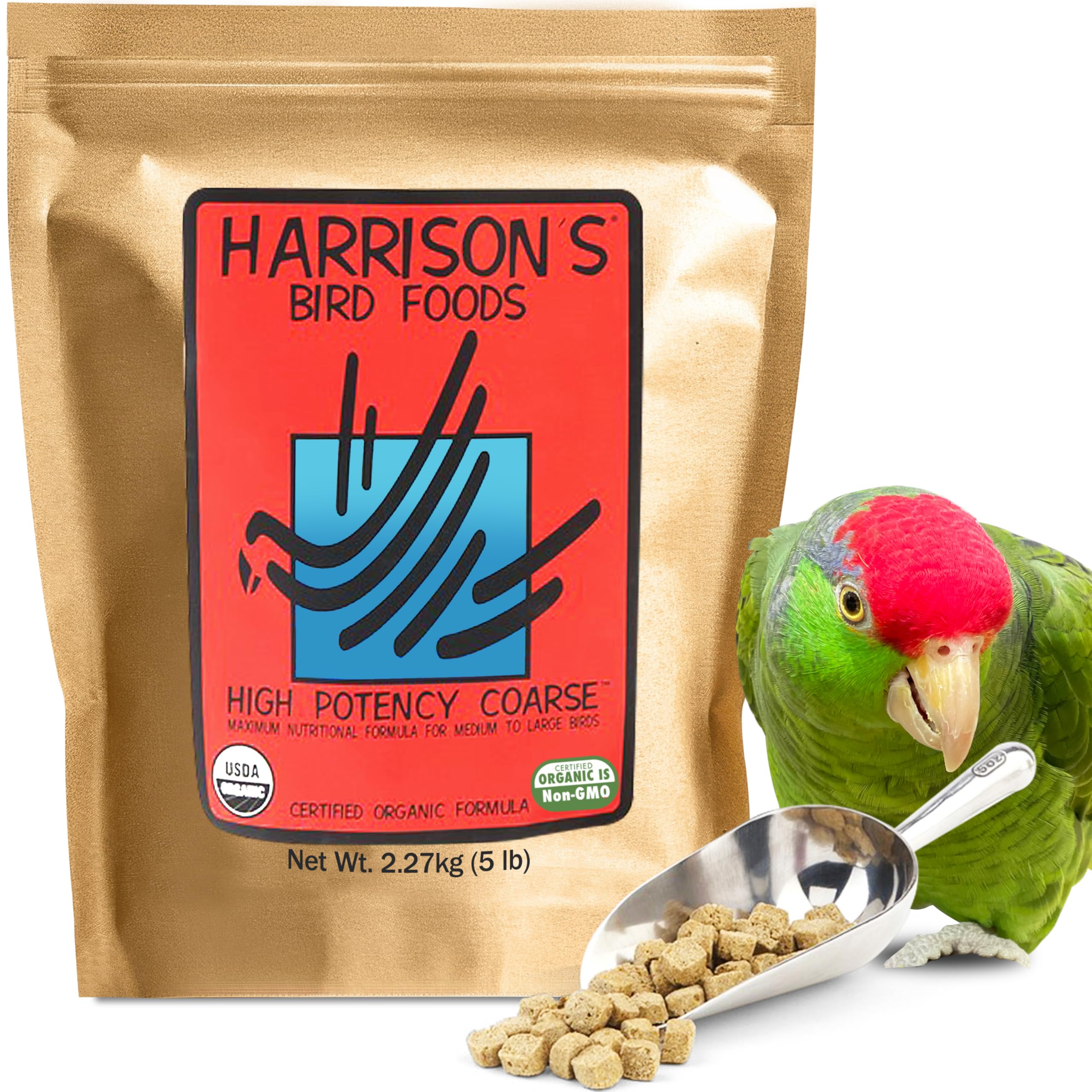 Harrison's High Potency Coarse grain texture closeup communicates wholesome, crunchy consistency loved by birds.