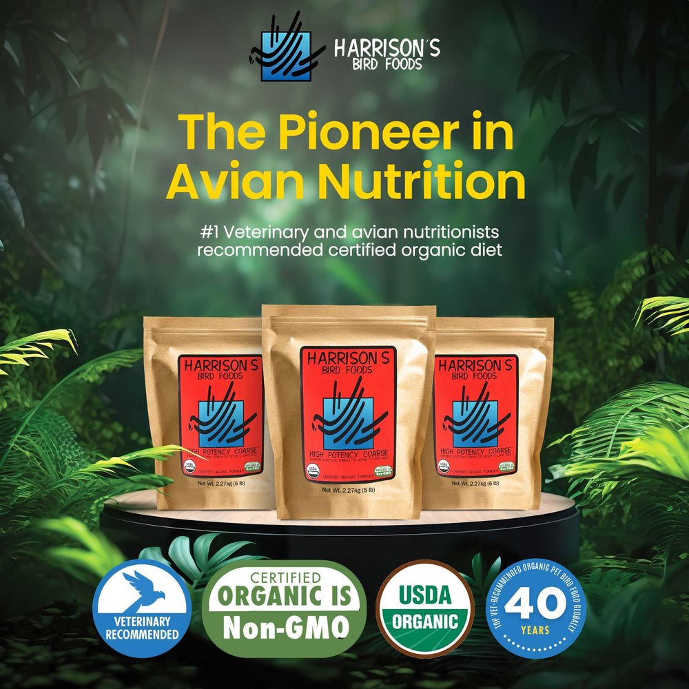 Harrison's High Potency Coarse organic ingredients closeup emphasizes quality, human-grade components.