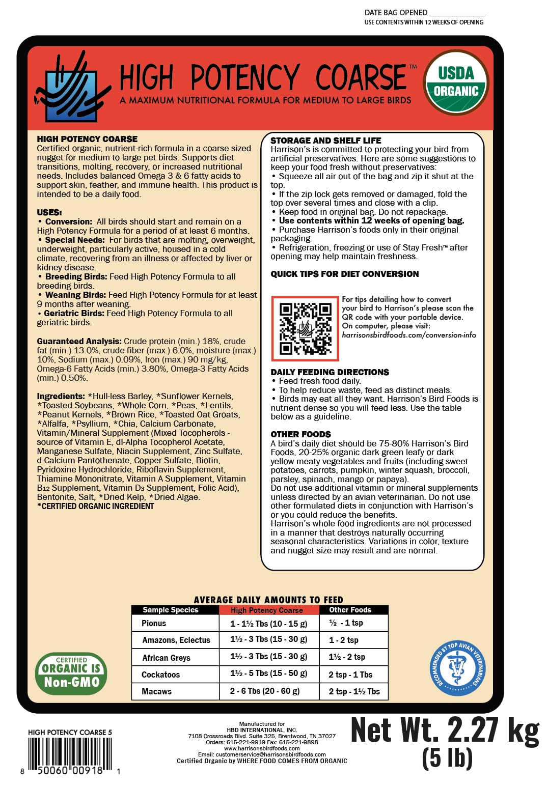 Harrison's High Potency Coarse packaging frontend shows organic, non-GMO ingredients for peace of mind.