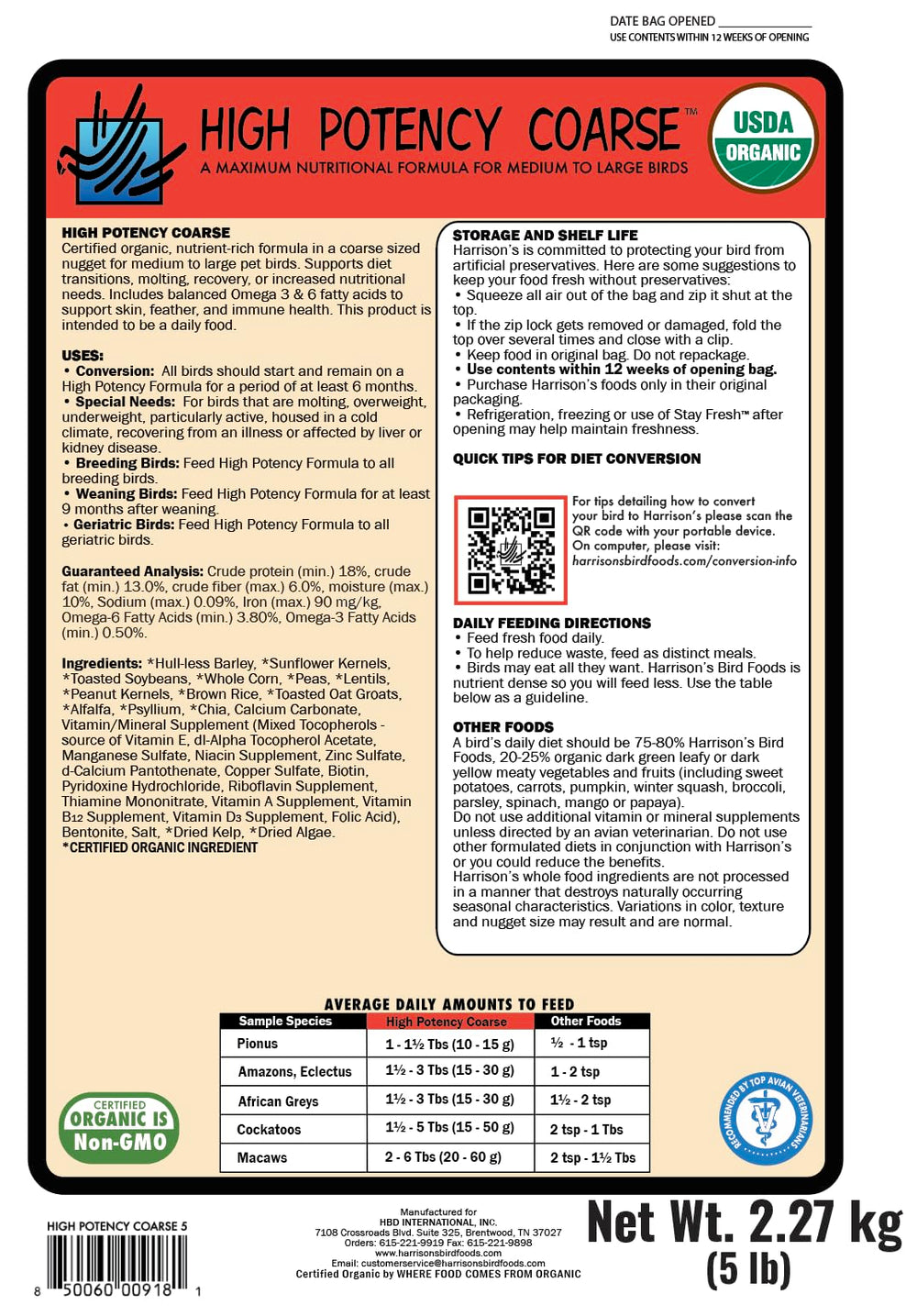 Harrison's High Potency Coarse packaging frontend shows organic, non-GMO ingredients for peace of mind.