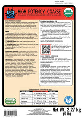 Harrison's High Potency Coarse packaging frontend shows organic, non-GMO ingredients for peace of mind.