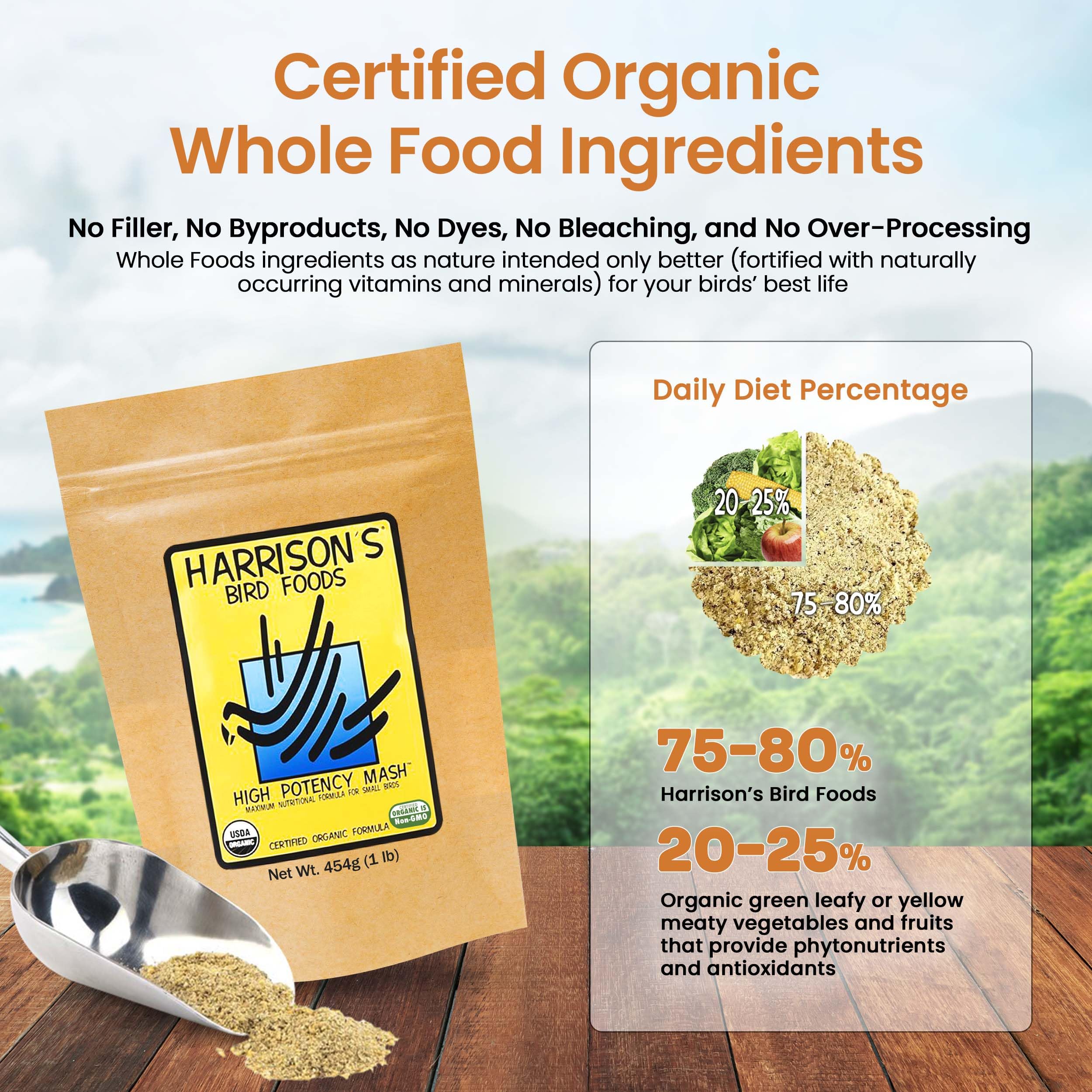 Organic-label on Harrison's High Potency Mash signals certified organic, non-GMO ingredients.