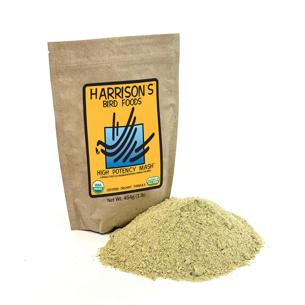 Harrison's High Potency Mash packaging highlights organic ingredients for a balanced small-bird diet.