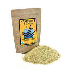 Harrison's High Potency Mash packaging highlights organic ingredients for a balanced small-bird diet.