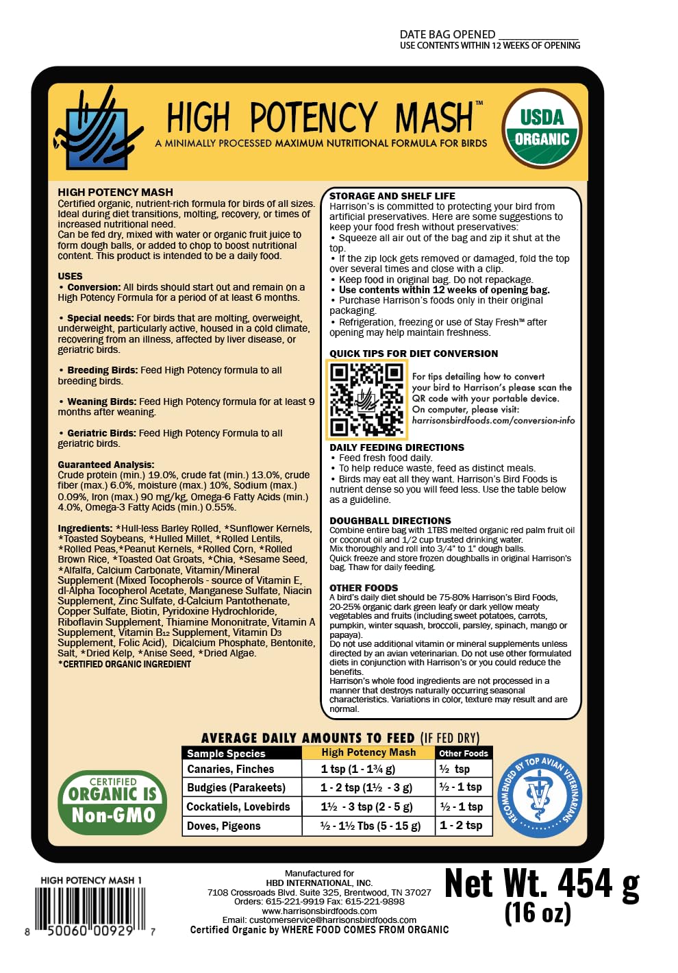 Young bird diet setup using Harrison's High Potency Mash for growth and development.