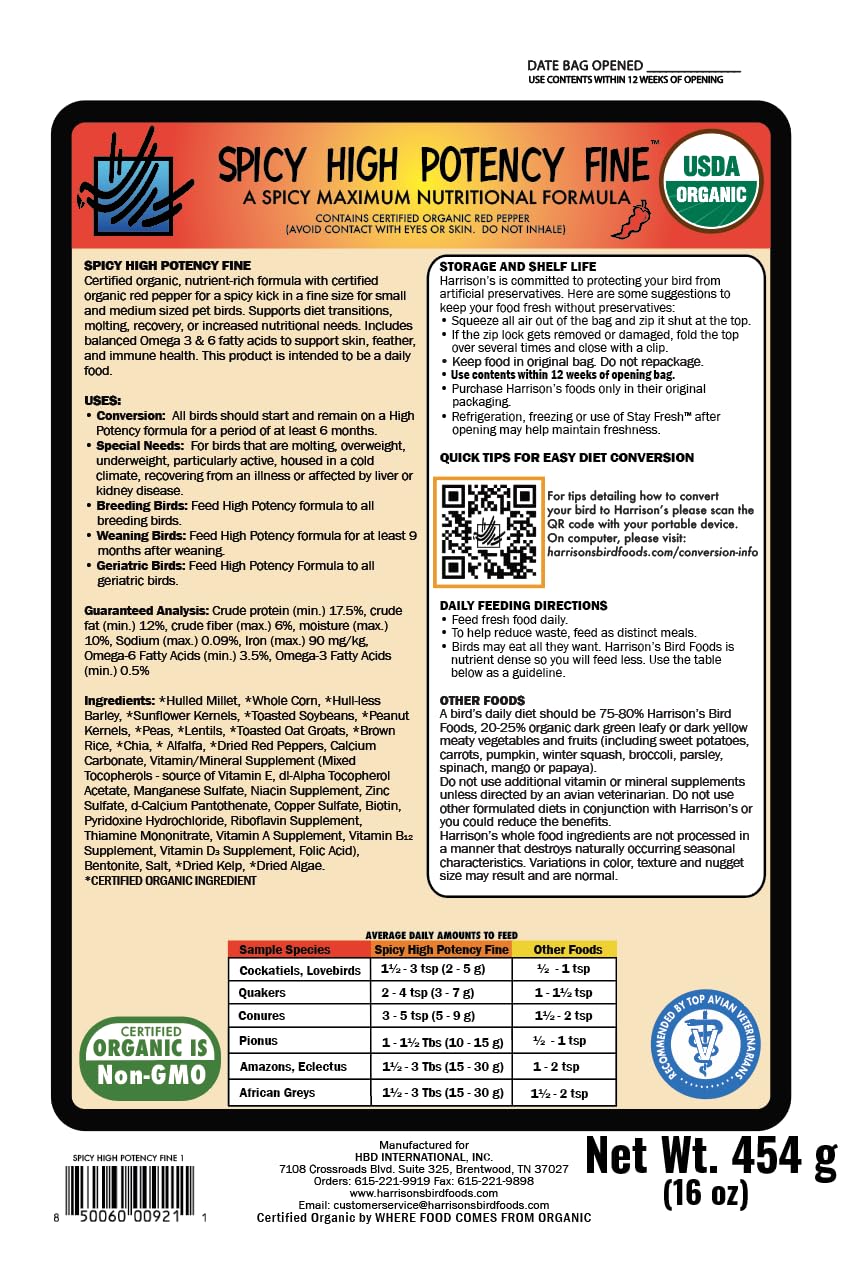 Harrison's High Potency Pepper cockatiel serving shows a nutrient-dense daily nutrition option.