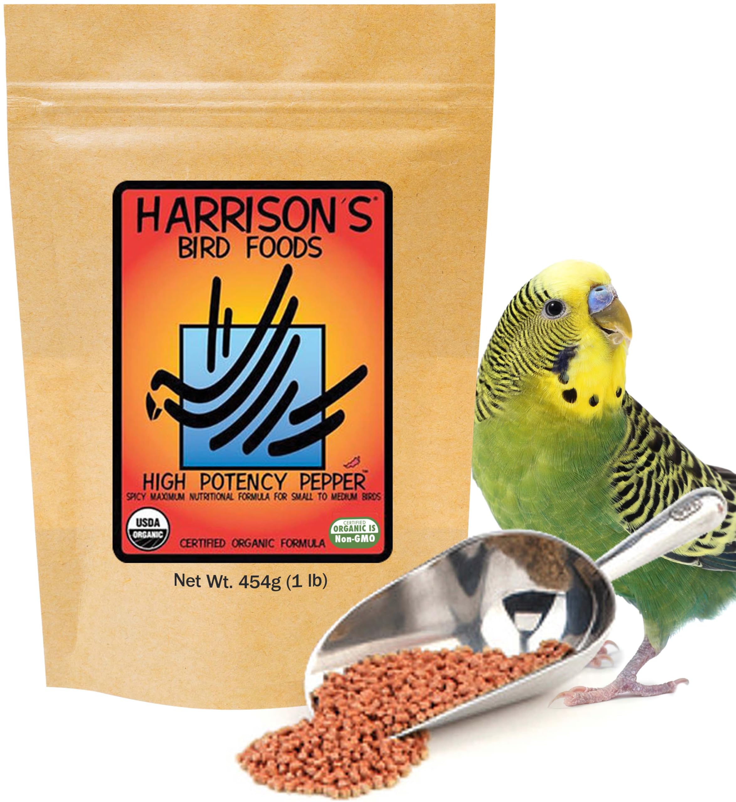 Harrison's High Potency Pepper ingredients scene displays certified organic grains and legumes.