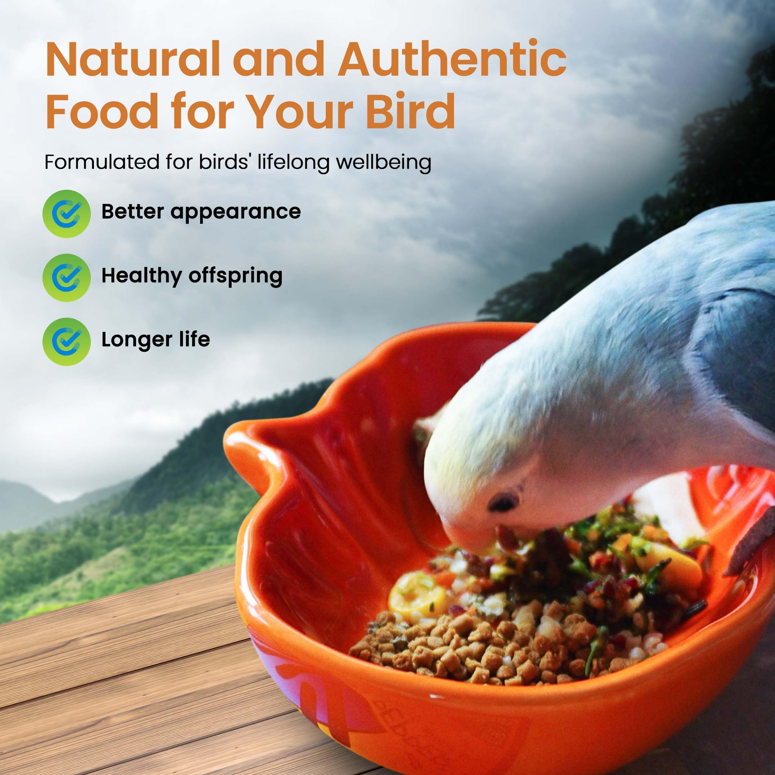 Harrison's High Potency Pepper lovebird setup emphasizes organic ingredients in a premium blend.