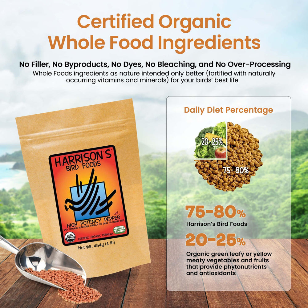 Harrison's High Potency Pepper organic non-gmo seal conveys certified quality for bird feeding.