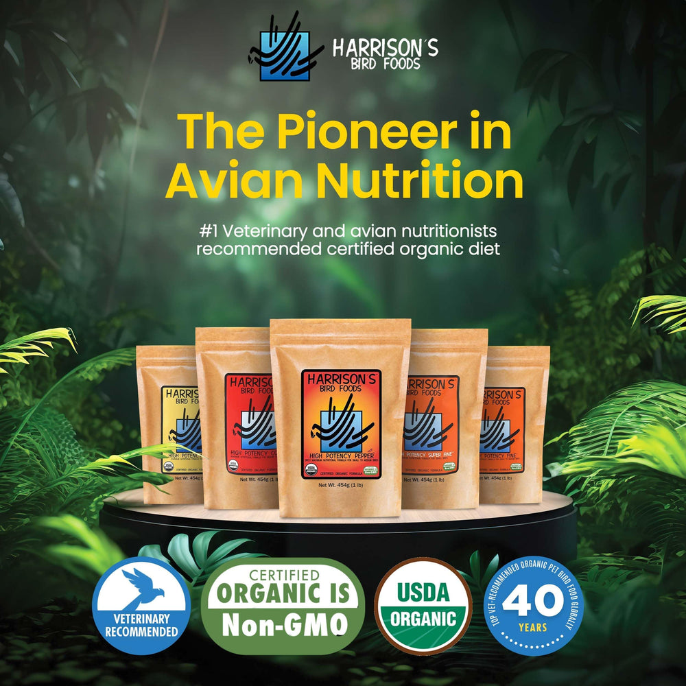 Harrison's High Potency Pepper parakeet bowl features a balanced grain-and-legume formula for all life stages.