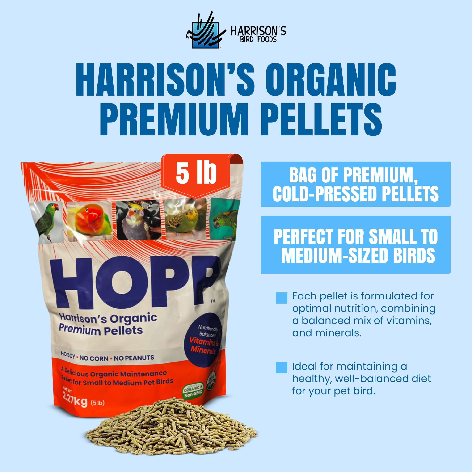 Harrison's HOPP cold-pressed pellets ready for daily meals