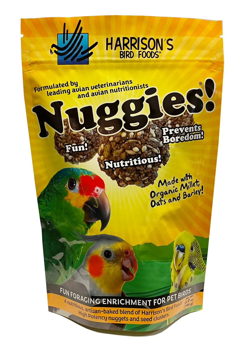 Harrison's Nuggies treat in bowl boosts enrichment for small birds.