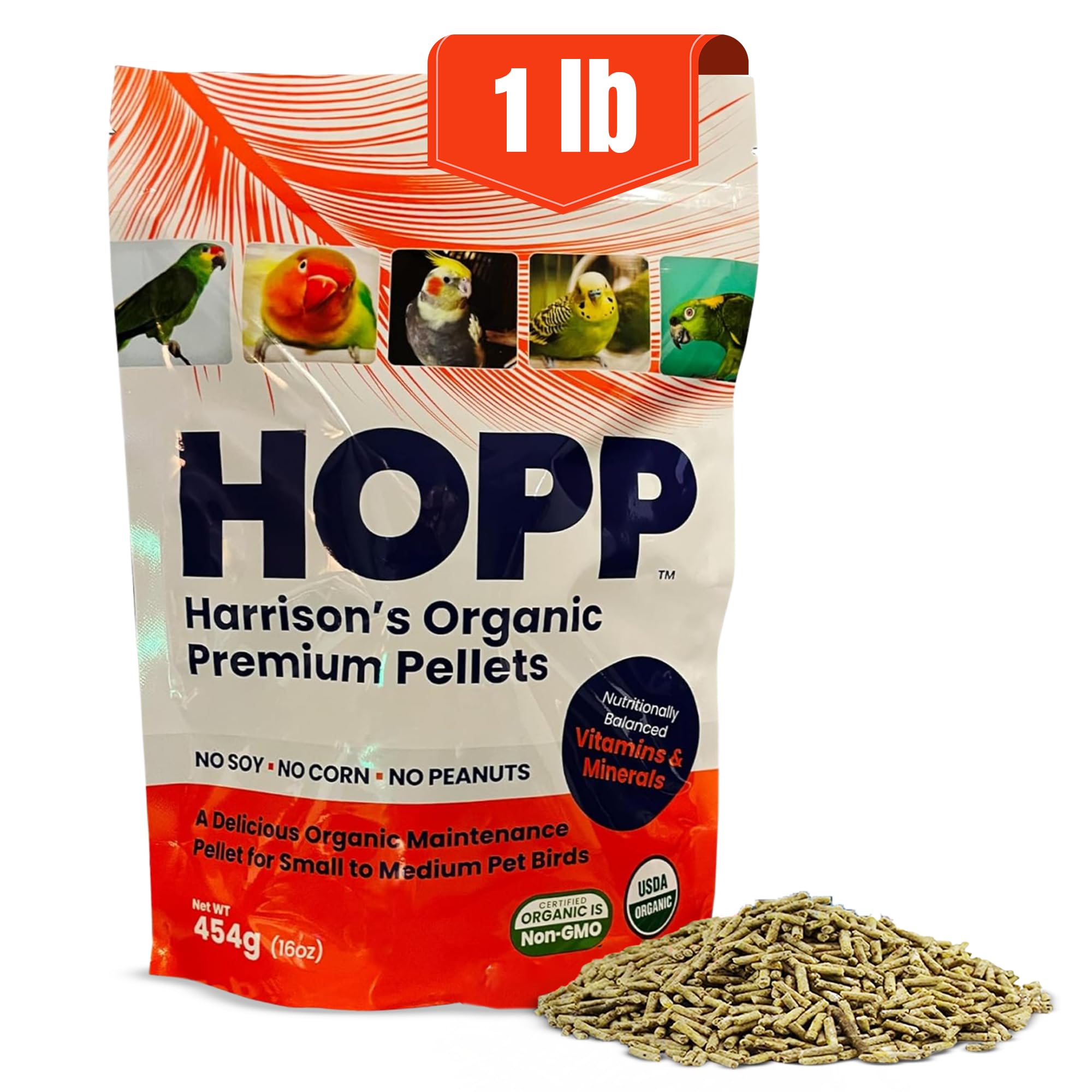 Harrison's Organic Premium Pellets bag front showing certified organic ingredients for small to medium birds.