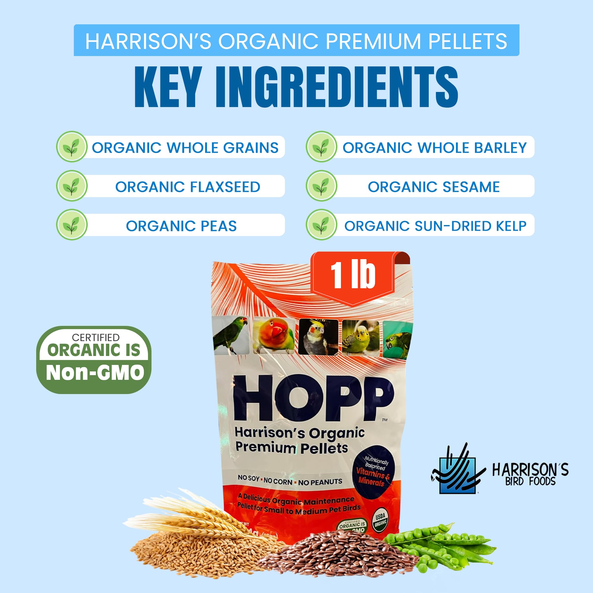Close-up texture of Harrison's Organic Premium Pellets highlights premium organic ingredients.