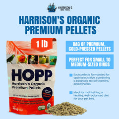 Harrison's Organic Premium Pellets pellets in dish illustrating balanced nutrition for daily feeding.