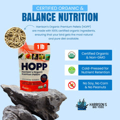 Small to medium birds ready to eat Harrison's Organic Premium Pellets for balanced nutrition.