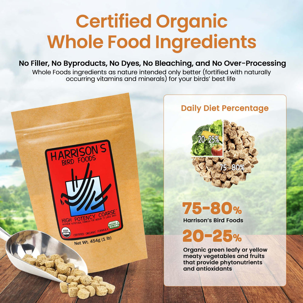 Harrison's organic whole grains visible in mix; reputable, pesticide-free nutrition.
