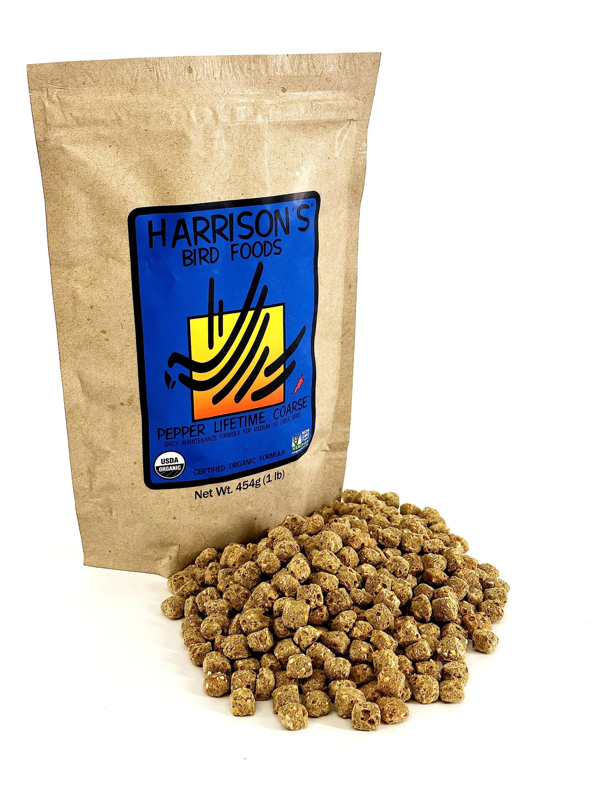 Harrison's Pepper Lifetime Coarse bottle closeup showing organic, non-GMO formula for varied parrots