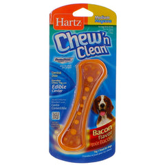 Hartz Chew N' Clean dog toy, bacon flavor, pack6 image shows interactive chewing.
