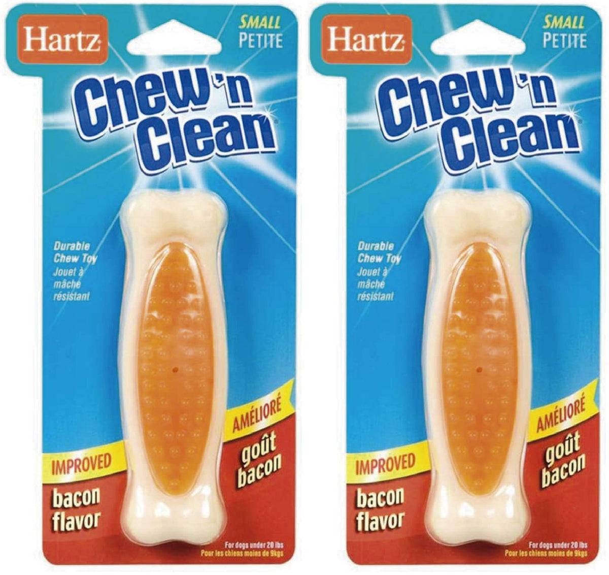 Hartz Chew'n Clean Tuff Bone bacon-flavored small dog toy close-up bone shape for durable chewing and scent appeal