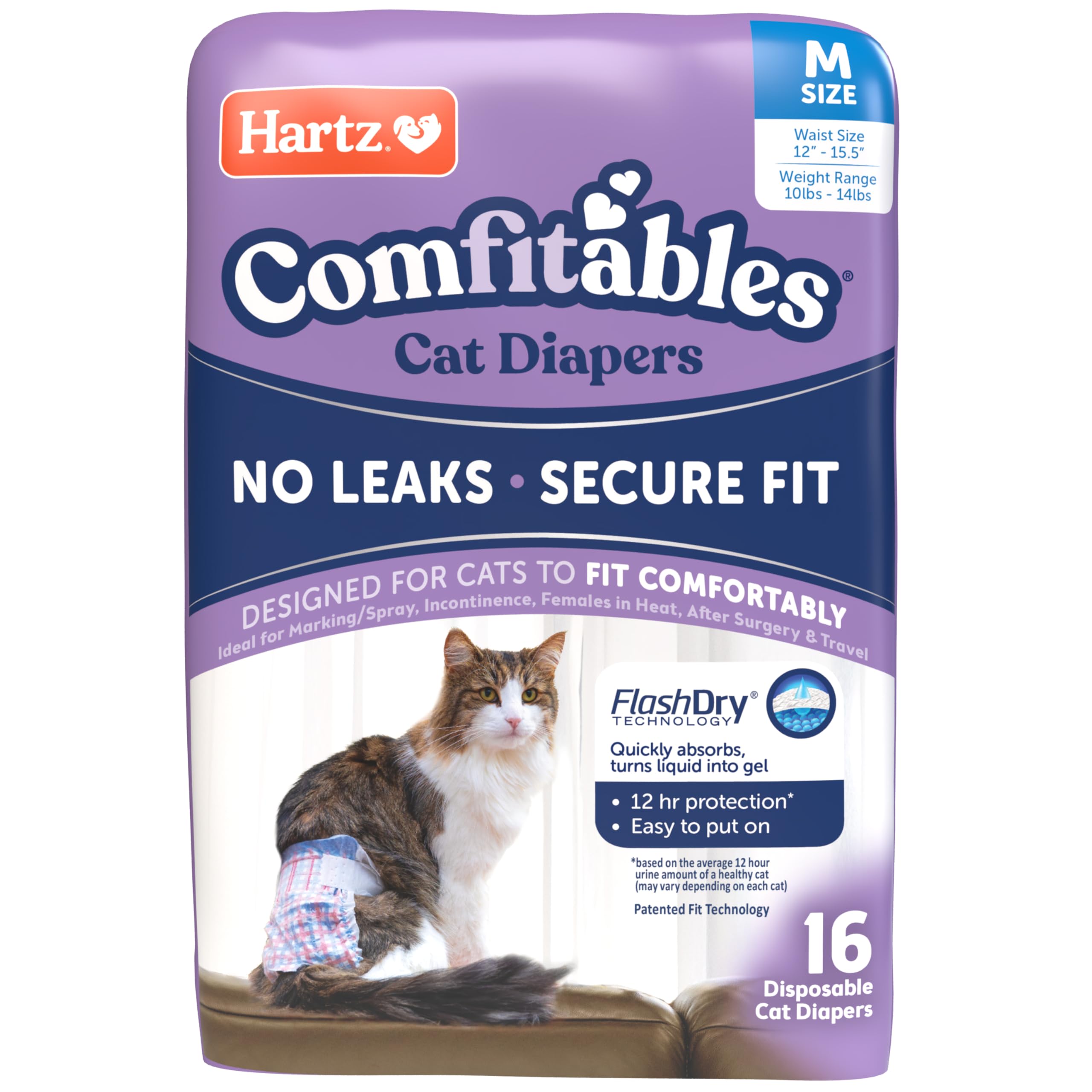 Hartz Comfitables cat diapers medium, front view showing secure fit.
