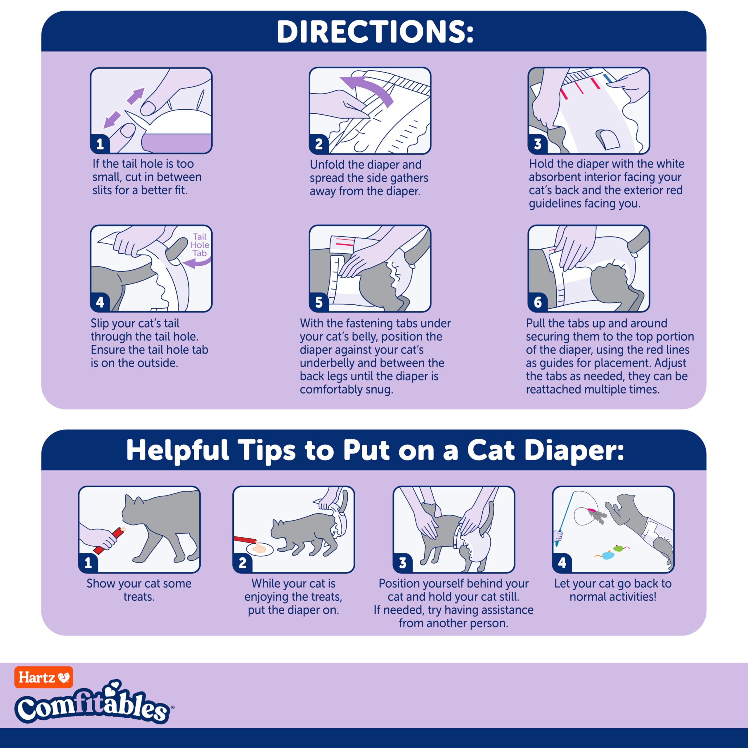 Hartz Comfitables cat diapers stay in place during activity and travel.