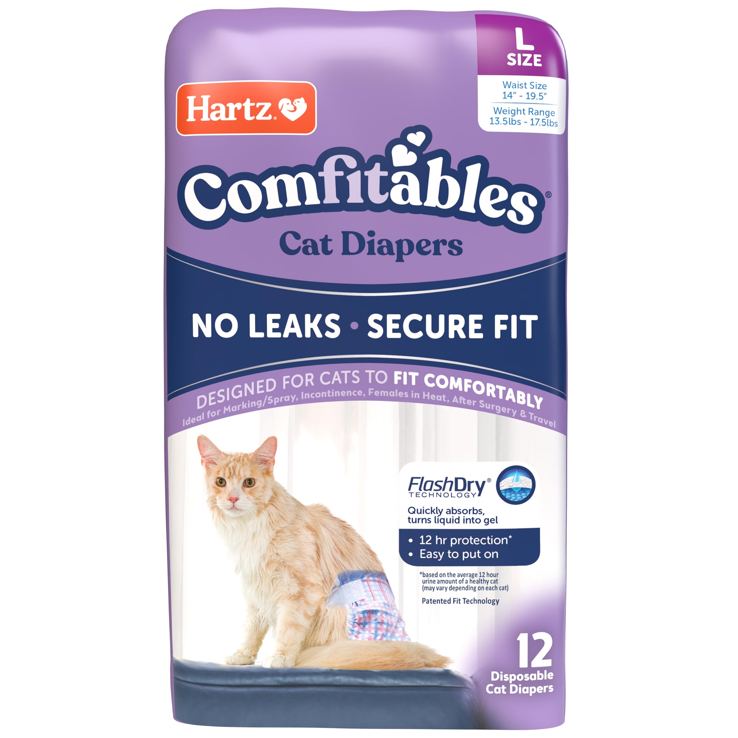 Hartz Comfitables cat diapers with secure fit and wide adjustable tabs for easy on