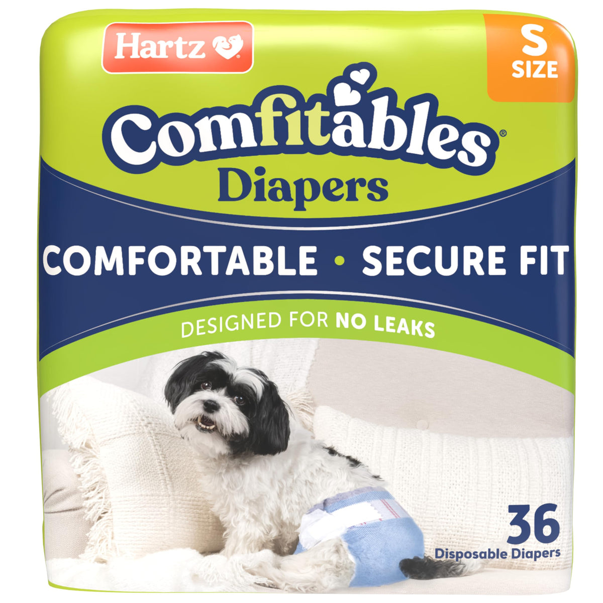 Hartz Comfitables denim design diaper offers secure, comfortable fit for dogs.