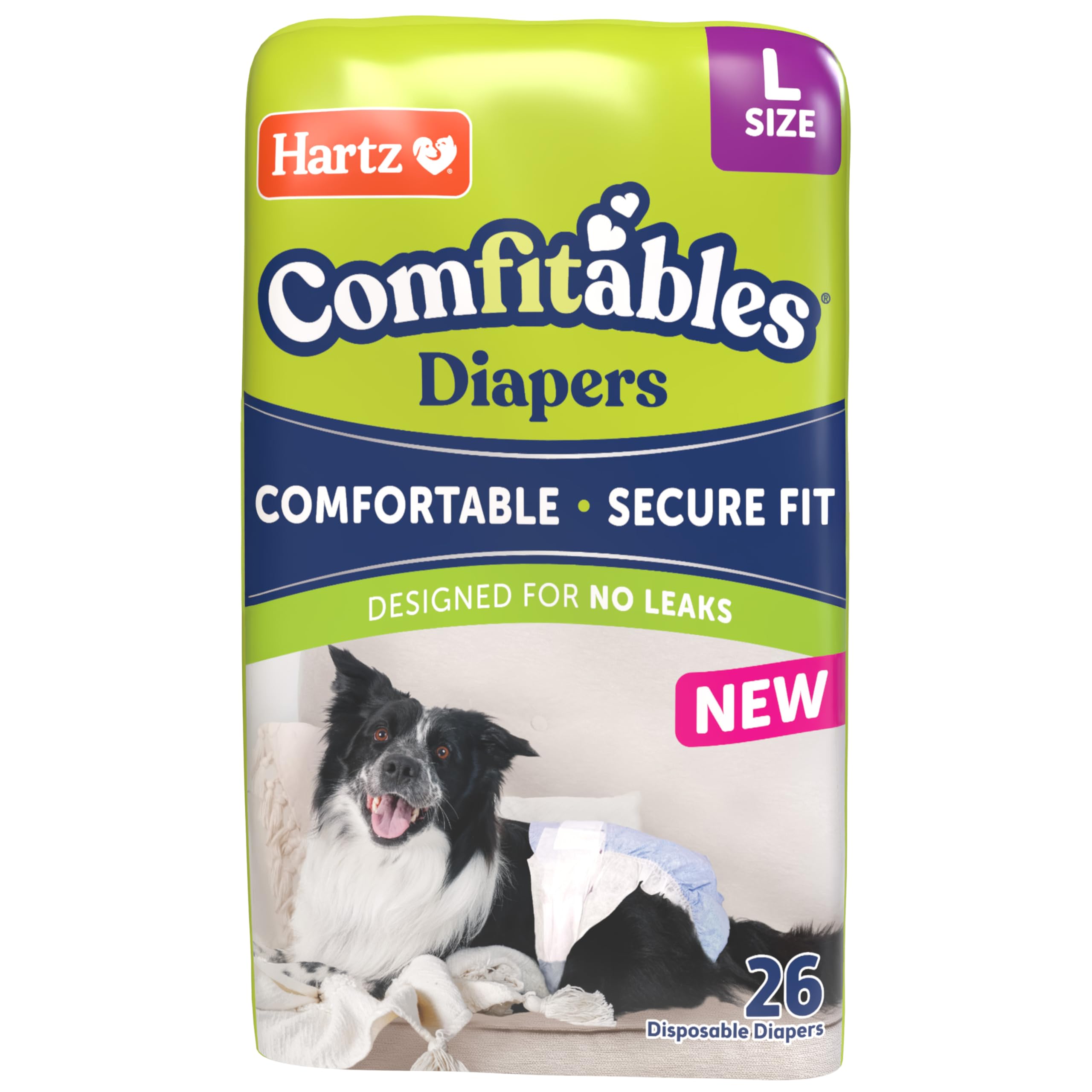 Hartz Comfitables large diaper front view for a secure, comfortable dog fit.