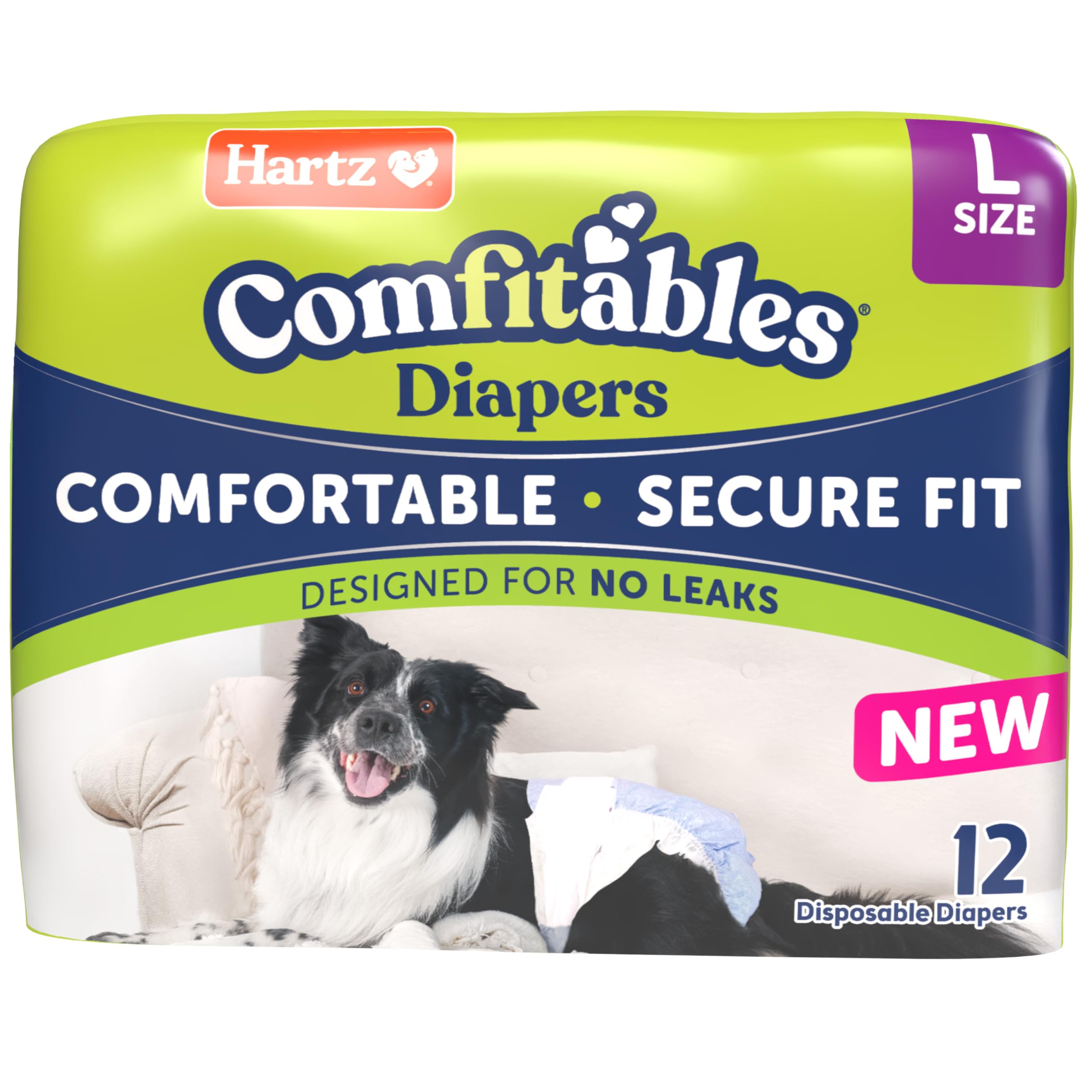 Hartz Comfitables diapers front packaging showing unisex denim design and easy wear