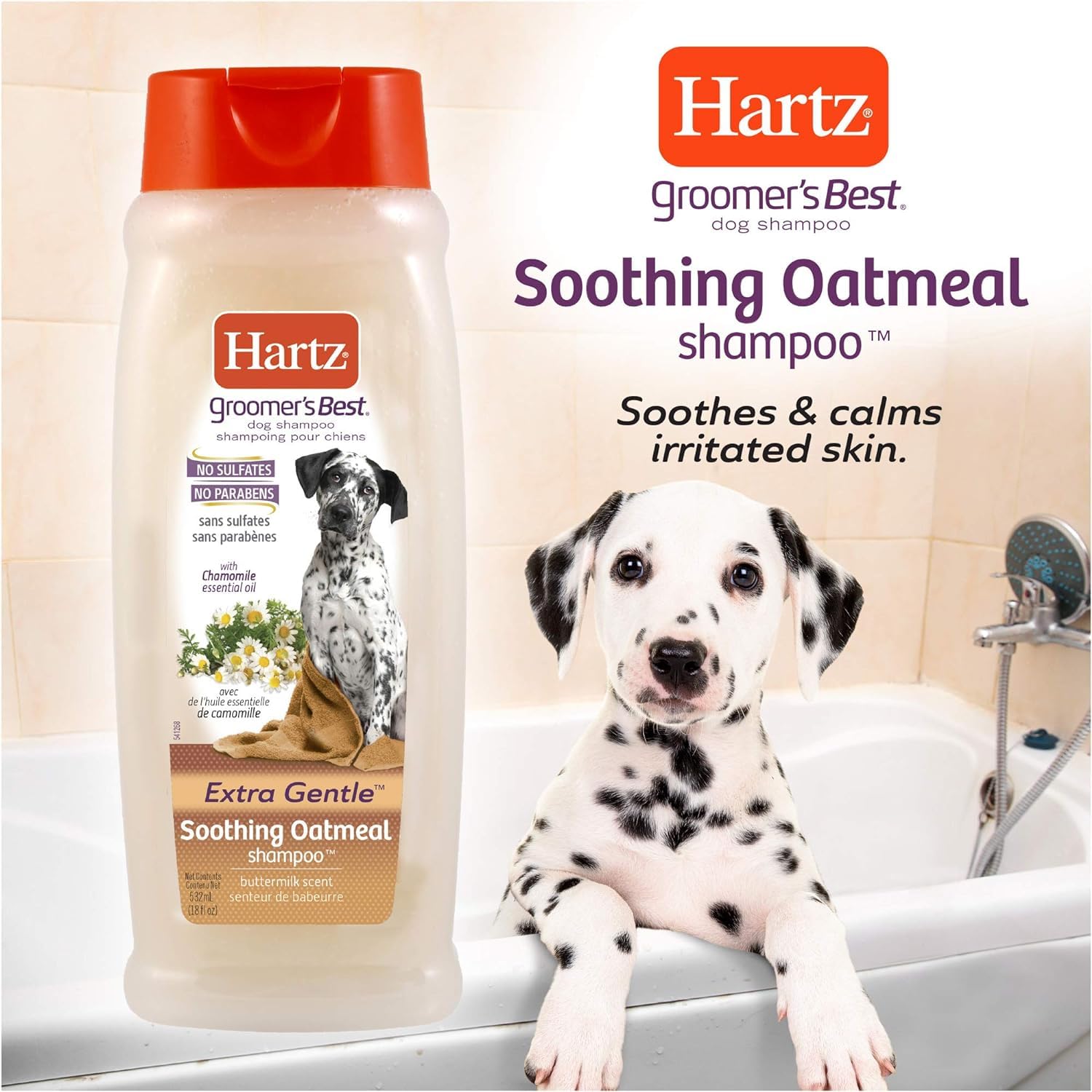 Hartz Groomer's Best Oatmeal Shampoo lather on dog coat for gentle cleansing.