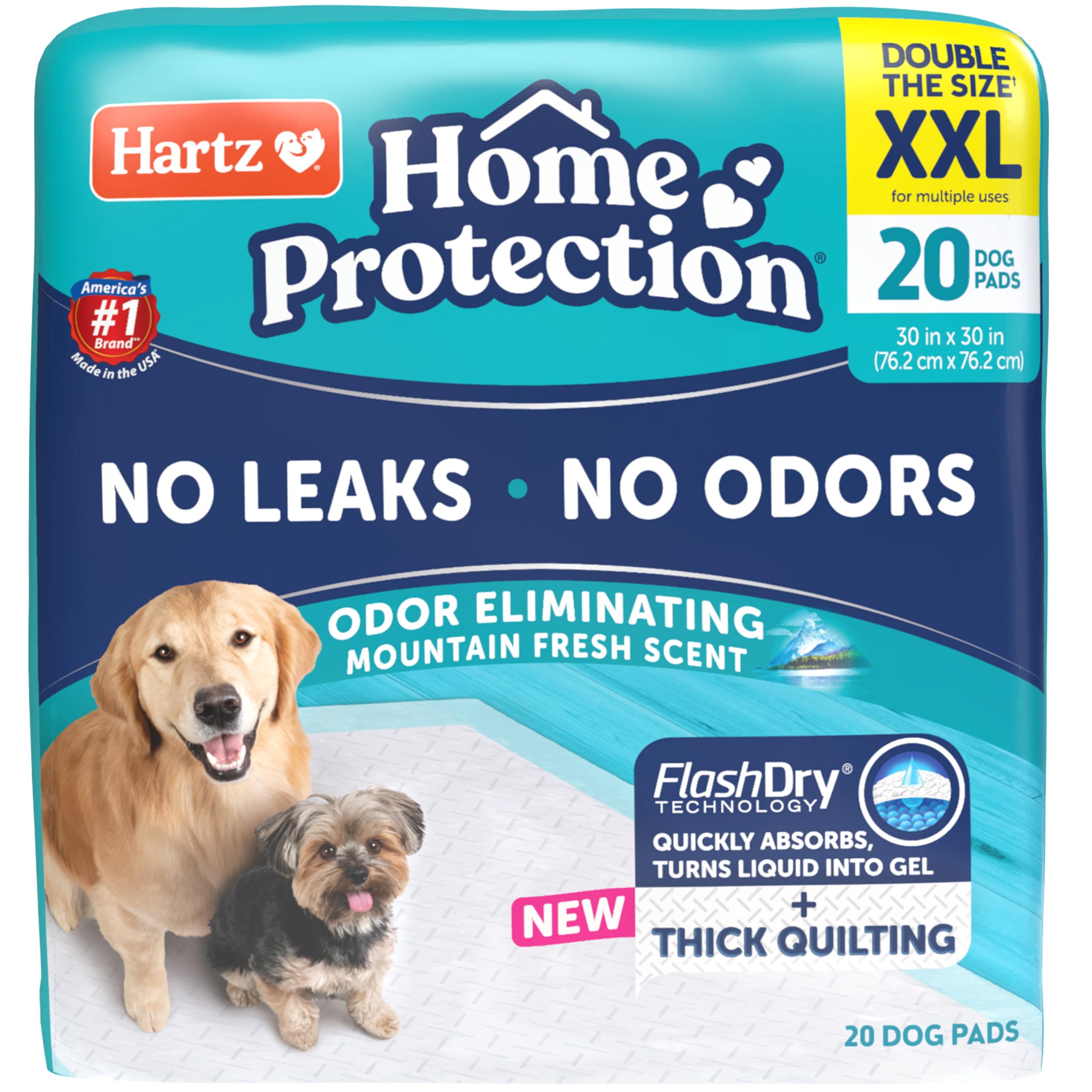 Hartz Home Protection XXL dog pads in packaging with Mountain Fresh scent provide odor control.