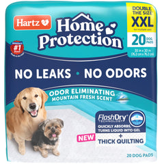 Hartz Home Protection XXL dog pads in packaging with Mountain Fresh scent provide odor control.