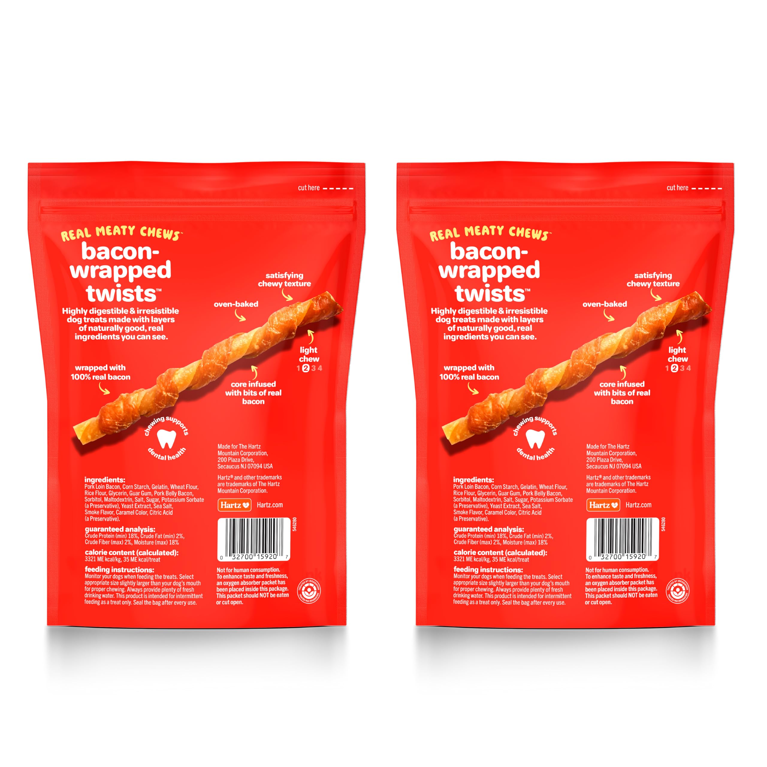 Hartz Oinkies Bacon Wrapped Twists ingredient close-up highlights visible meat layers for quality.