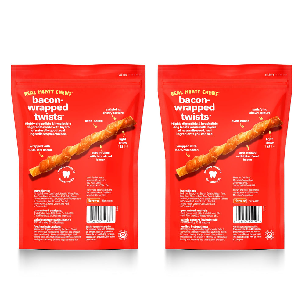 Hartz Oinkies Bacon Wrapped Twists ingredient close-up highlights visible meat layers for quality.