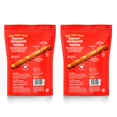 Hartz Oinkies Bacon Wrapped Twists ingredient close-up highlights visible meat layers for quality.