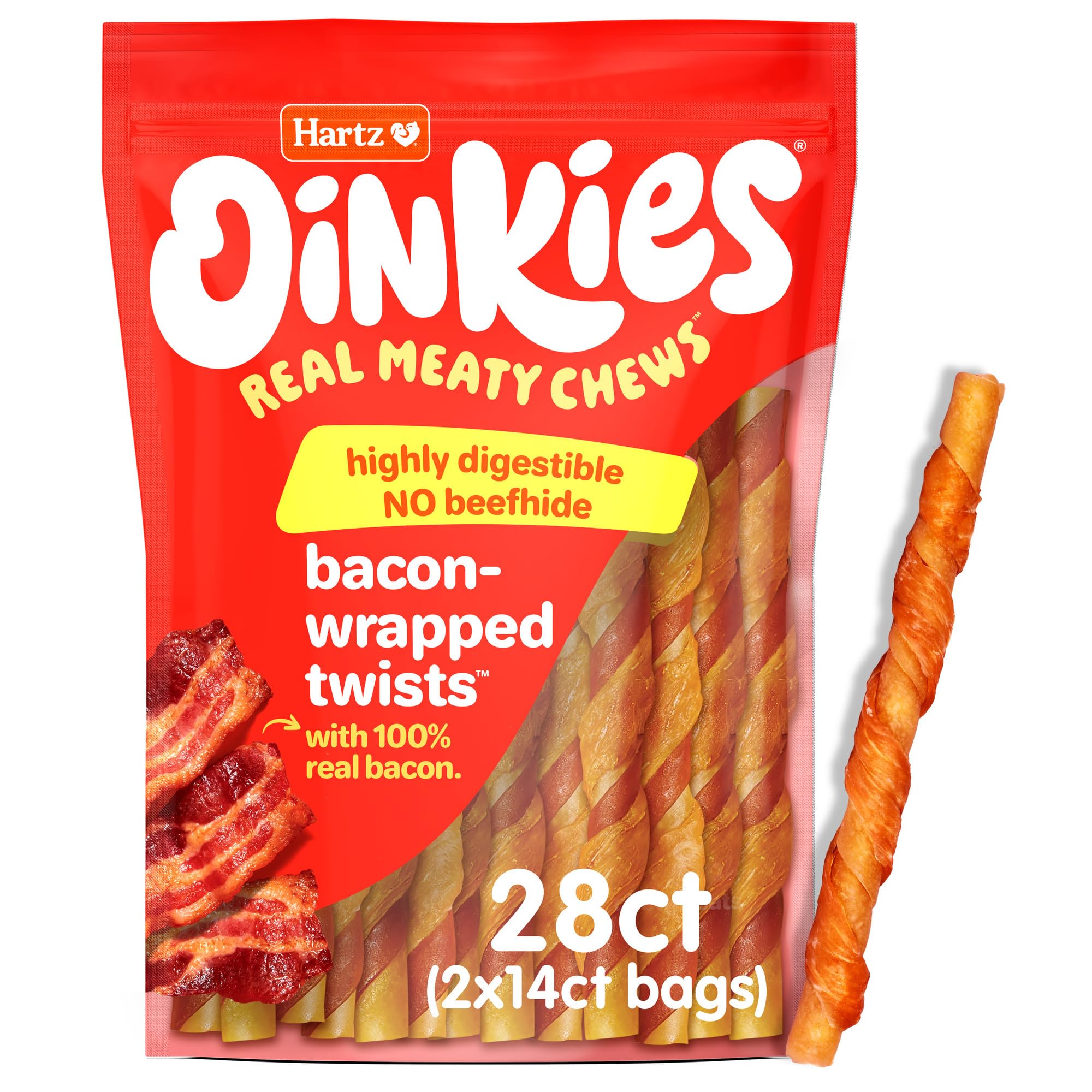 Hartz Oinkies Bacon Wrapped Twists outer pack showing real bacon flavor for dogs.