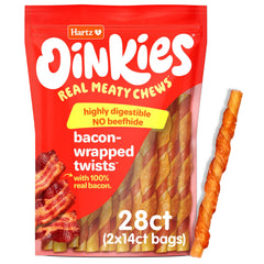 Hartz Oinkies Bacon Wrapped Twists outer pack showing real bacon flavor for dogs.