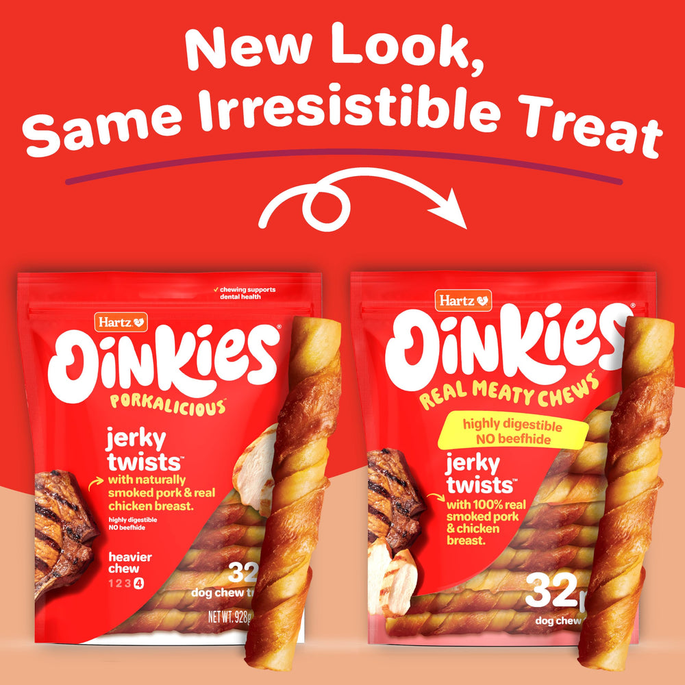 Hartz Oinkies Porkalicious smoked pigskin twists closeup shows chewy texture.