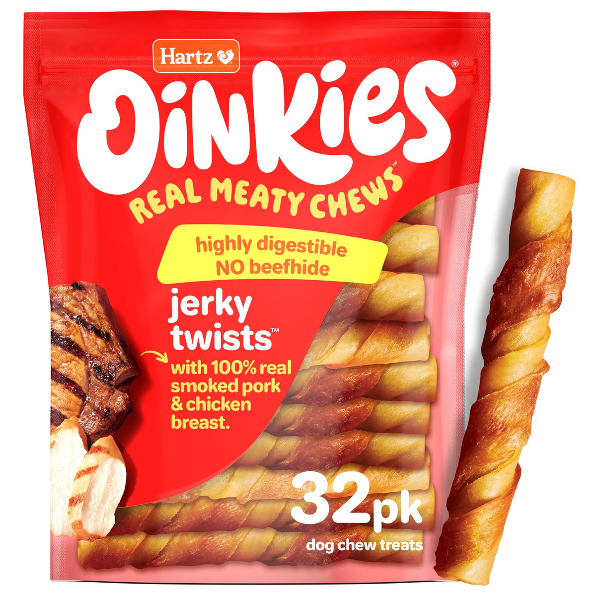 Hartz Oinkies Porkalicious smoked pigskin twists on display, 32-pack value.