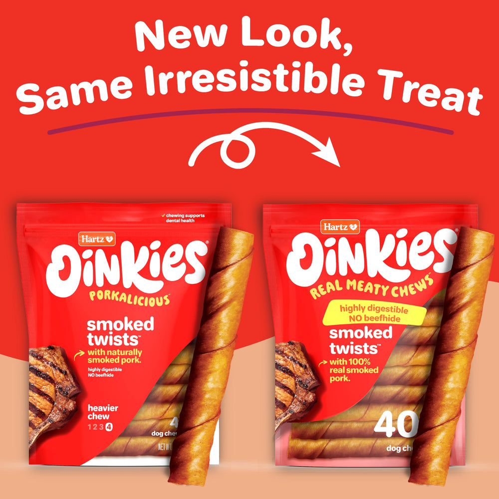 Hartz Oinkies smoked twists open bag with treats ready for quick rewards.