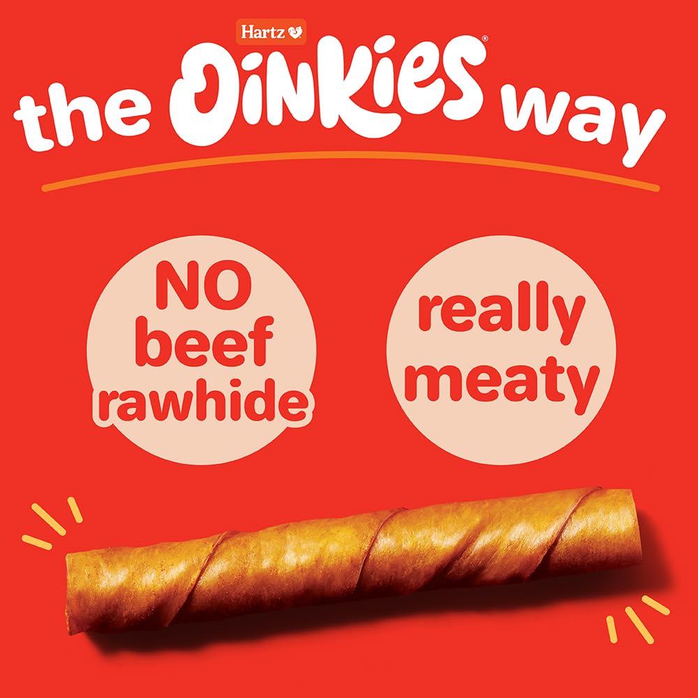 Hartz Oinkies smoked twists pigskin chew close-up emphasizing real ingredients.