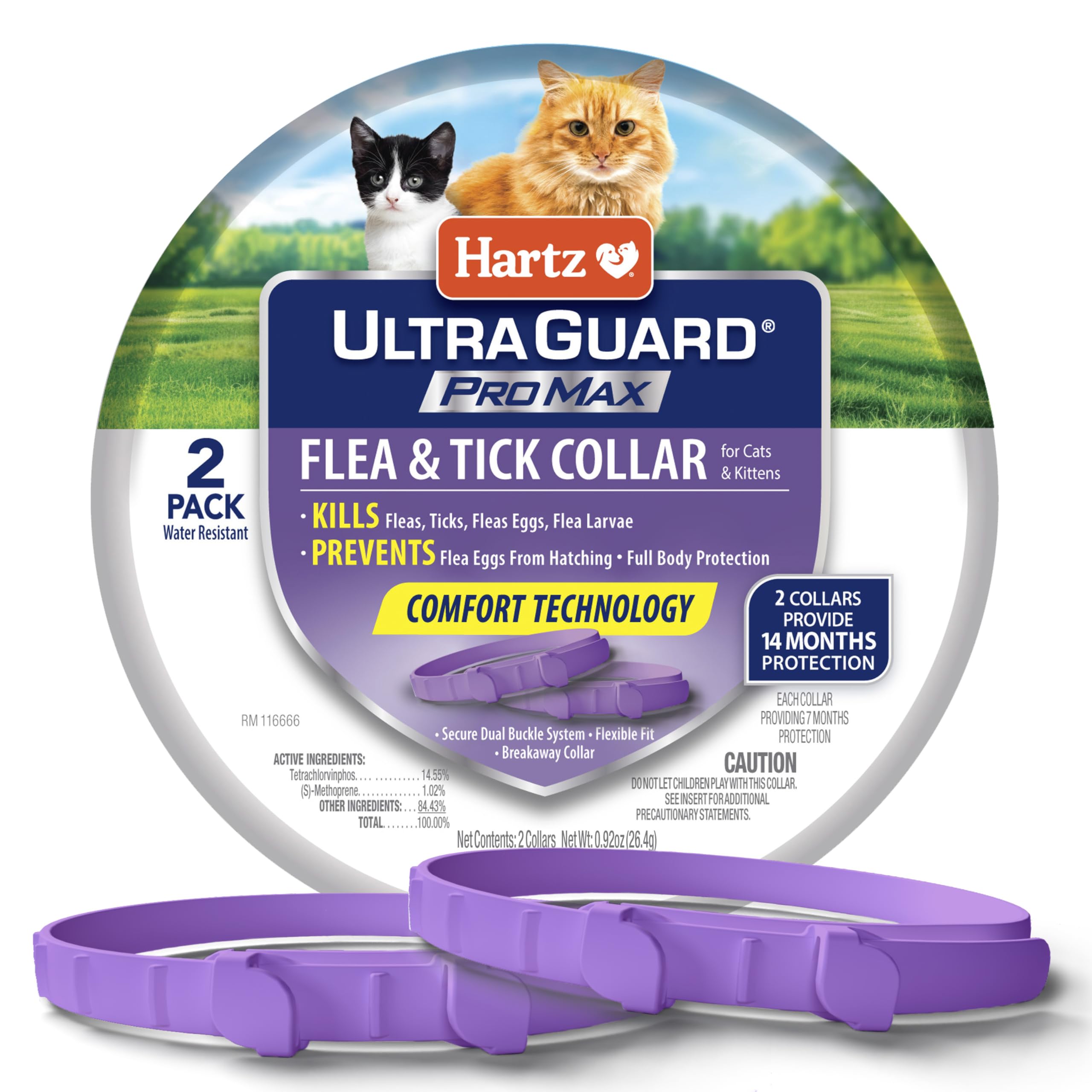 Hartz UltraGuard ProMax cat collar pack shows two collars for long-lasting protection.