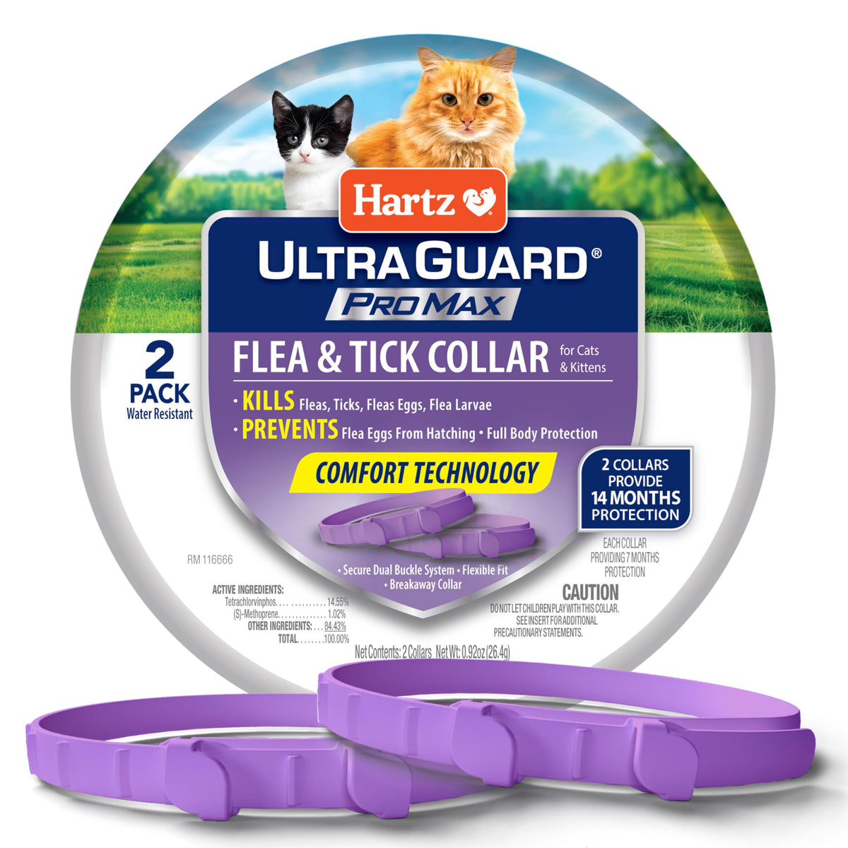 Hartz UltraGuard ProMax cat collar pack shows two collars for long-lasting protection.