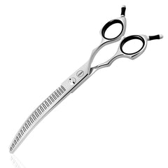 HASHIMOTO curved eraser scissors with 23 teeth for quick coat thinning on dogs.