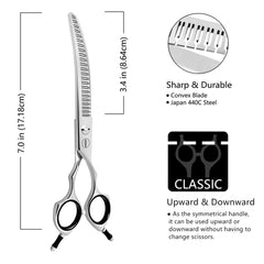 HASHIMOTO curved eraser grooming scissors offer 80% thinning for a smooth finish.