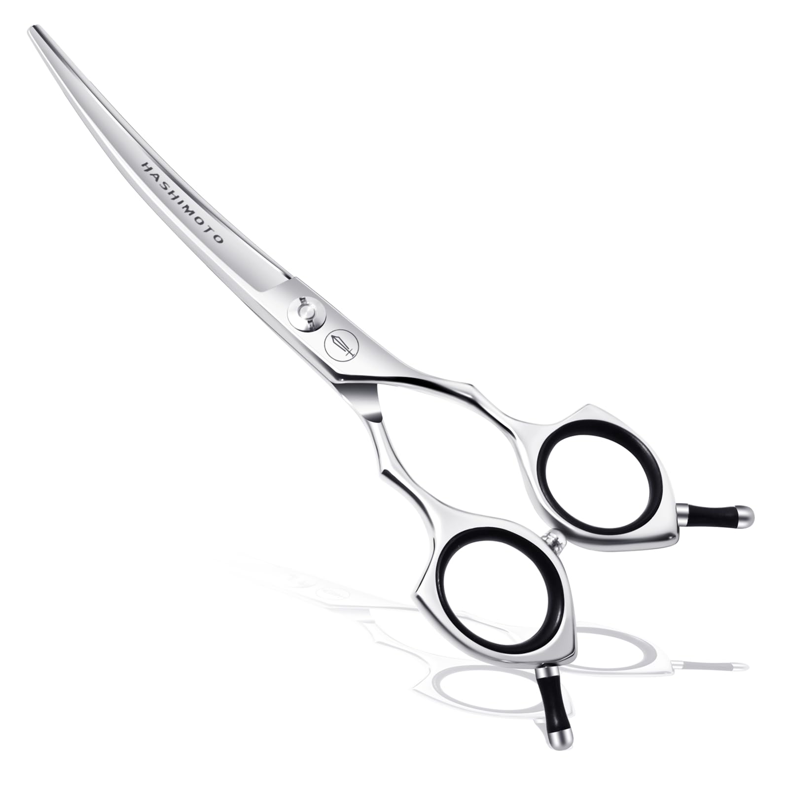 HASHIMOTO dog grooming scissors with curved blade and large finger holes for comfortable handling.