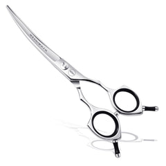 HASHIMOTO dog grooming scissors with curved blade and large finger holes for comfortable handling.